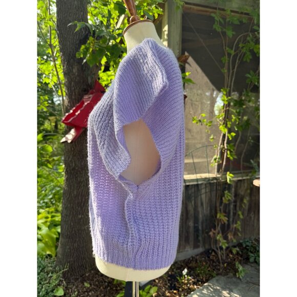70s 80s Lavender Knit Top Batwing Cap Flutter Sleeve Crew Neck Handmade - Picture 5 of 6